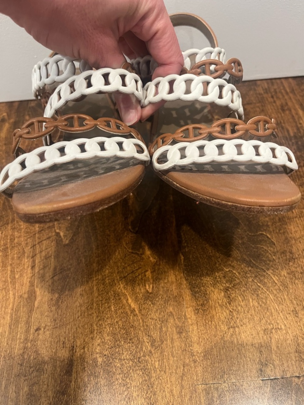 Hermes Brown/White Leather Romanza Sandals Size 8/38 - Picture 6 of 8